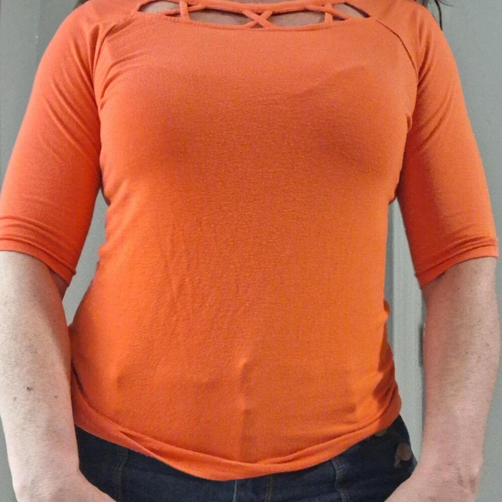🧡 Orange Peck & Peck Petite Blouse With Lattice Neckline Size M